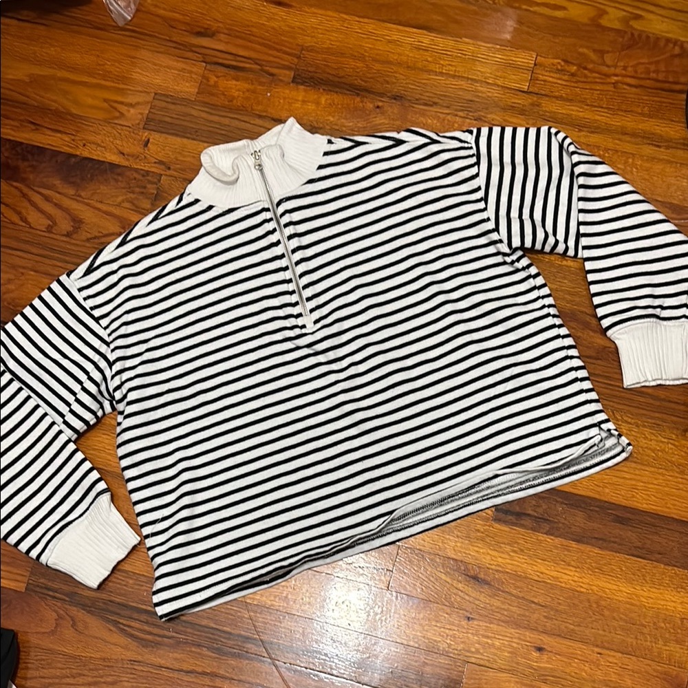 C&C California Black and White Striped Pullover 3/4 Zip